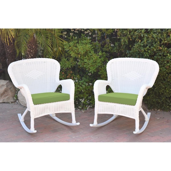 Jeco W00213-R-2-FS029 Windsor White Resin Wicker Rocker Chair with Green Cushion, 2PK W00213-R_2-FS029 - main